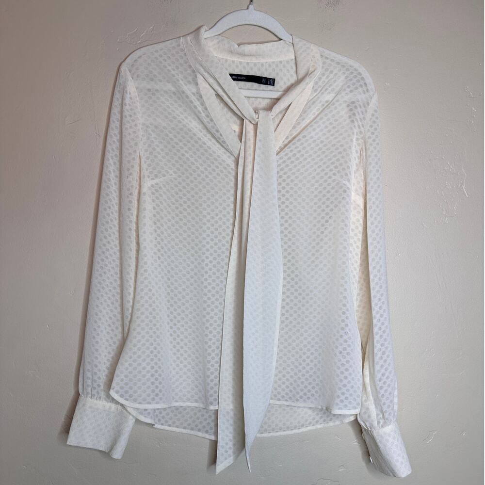 Karen Millen Ivory Sheer Long Sleeve Tie Neck Blouse 10
